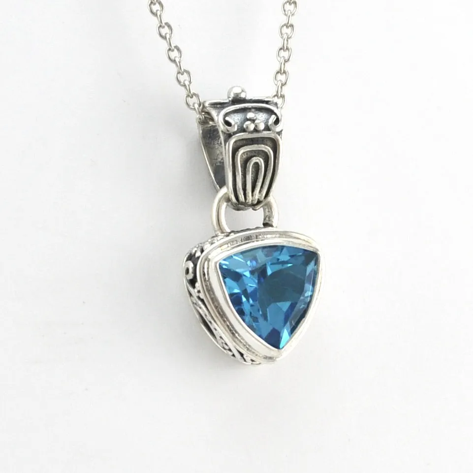 Sterling Silver Blue Topaz 8mm Trillion Bali Necklace