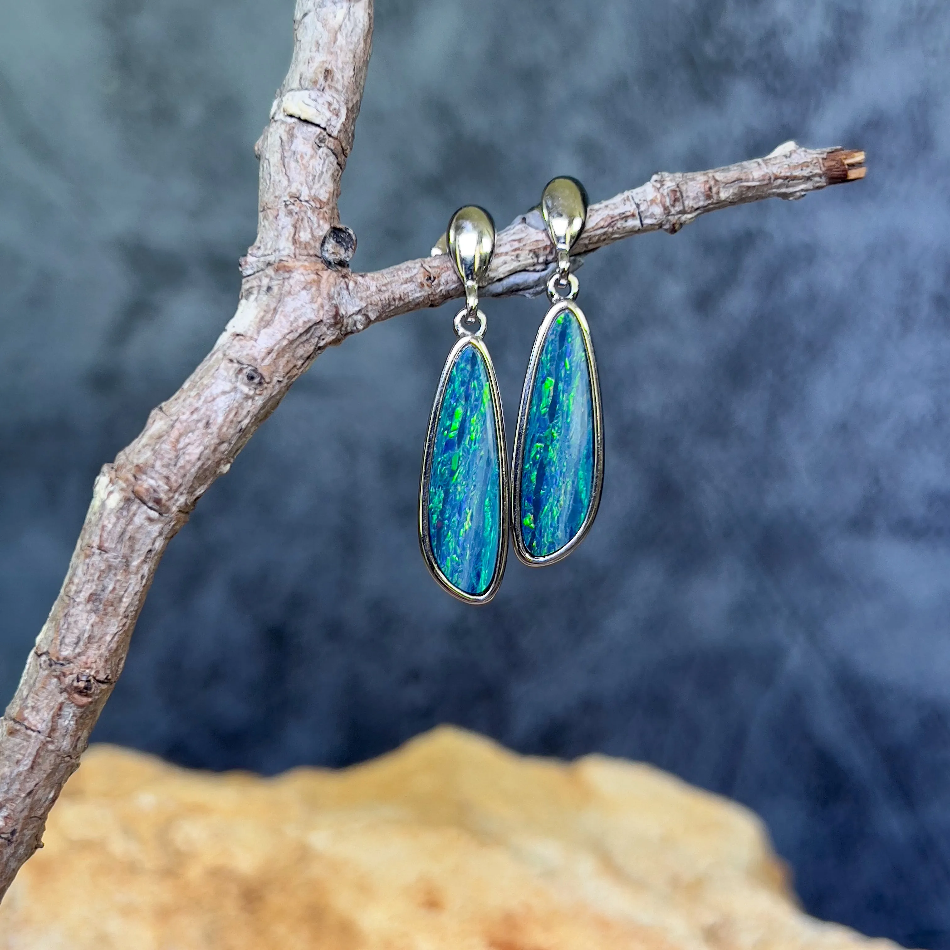 Sterling Silver Green Opal doublet long drop earrings
