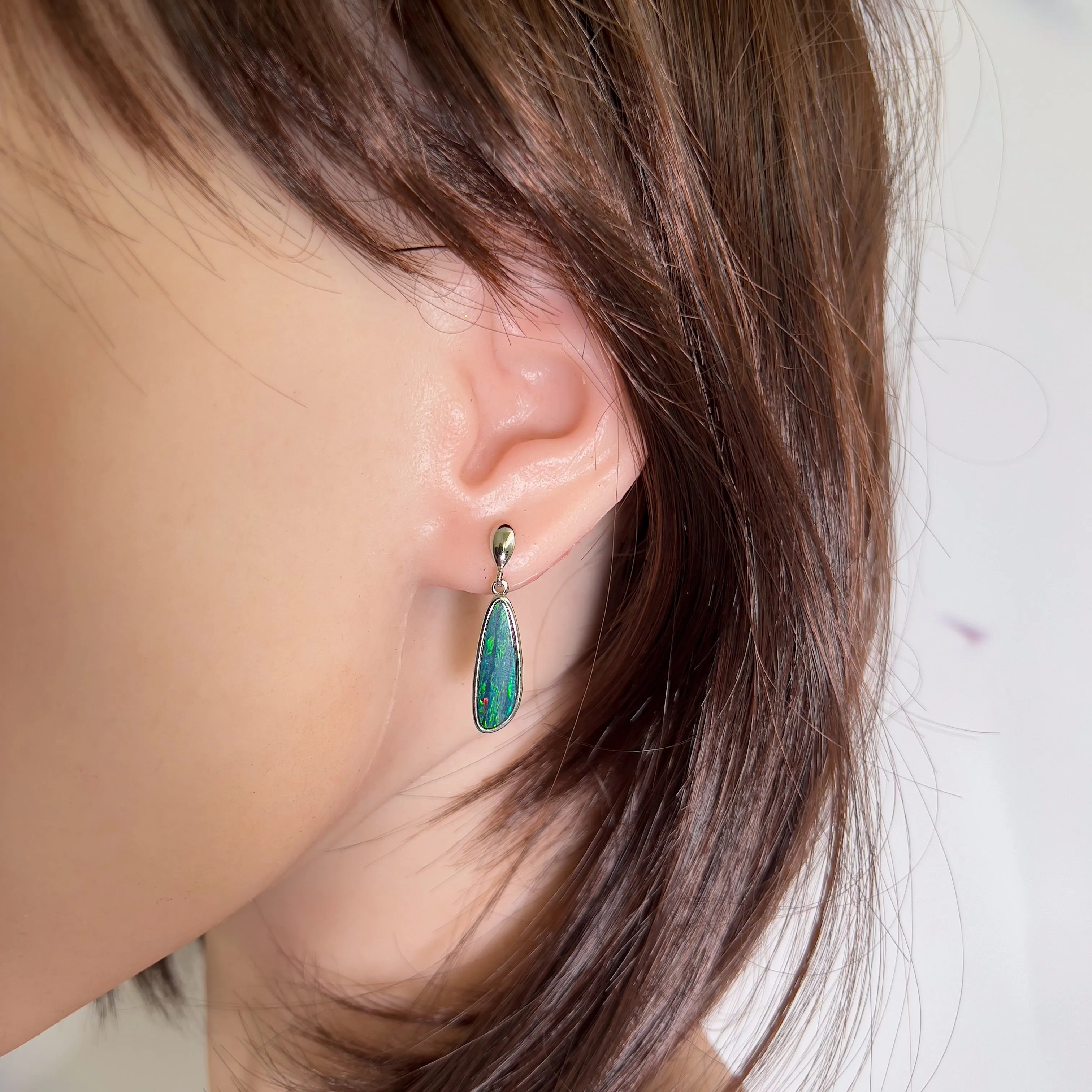 Sterling Silver Green Opal doublet long drop earrings