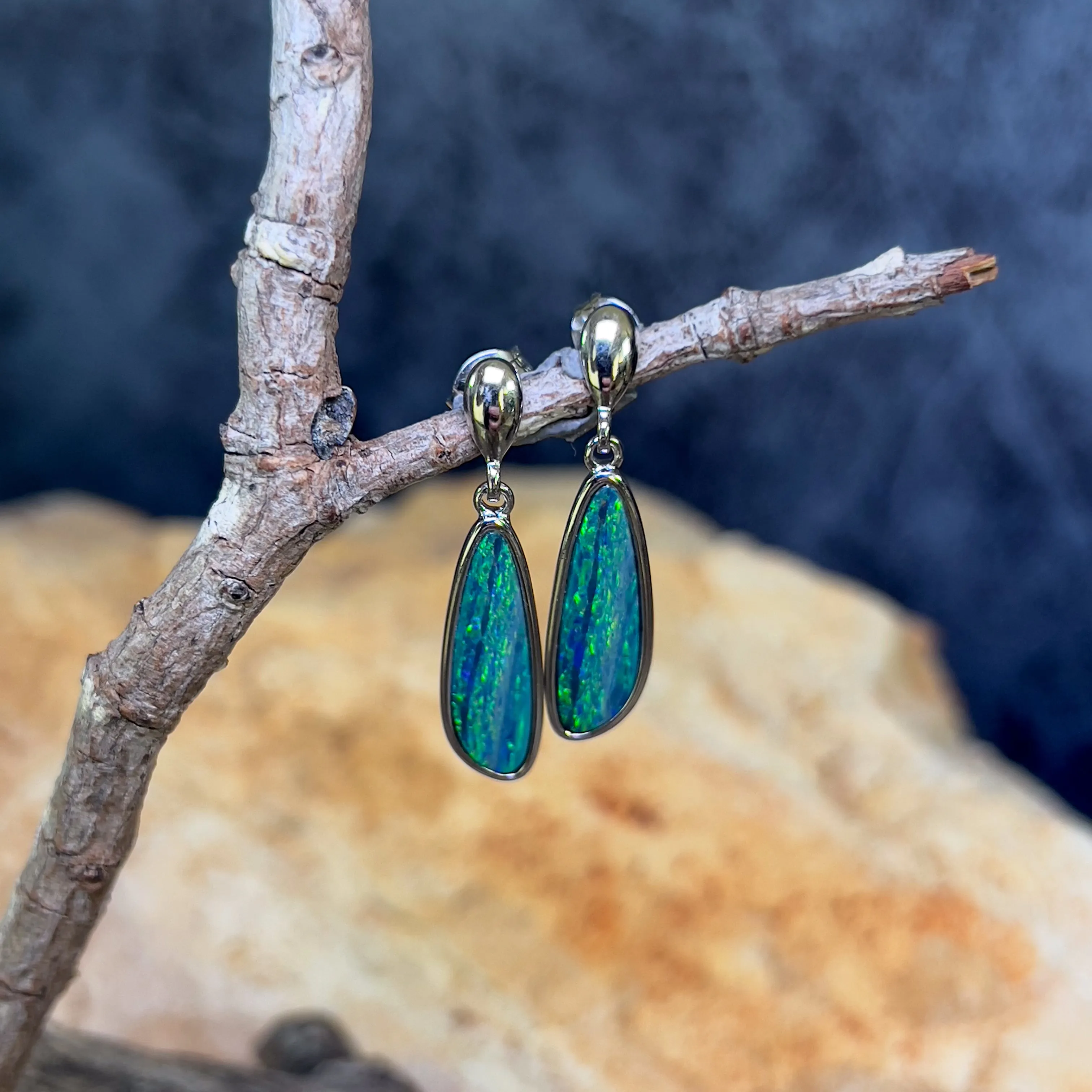 Sterling Silver Green Opal doublet long drop earrings