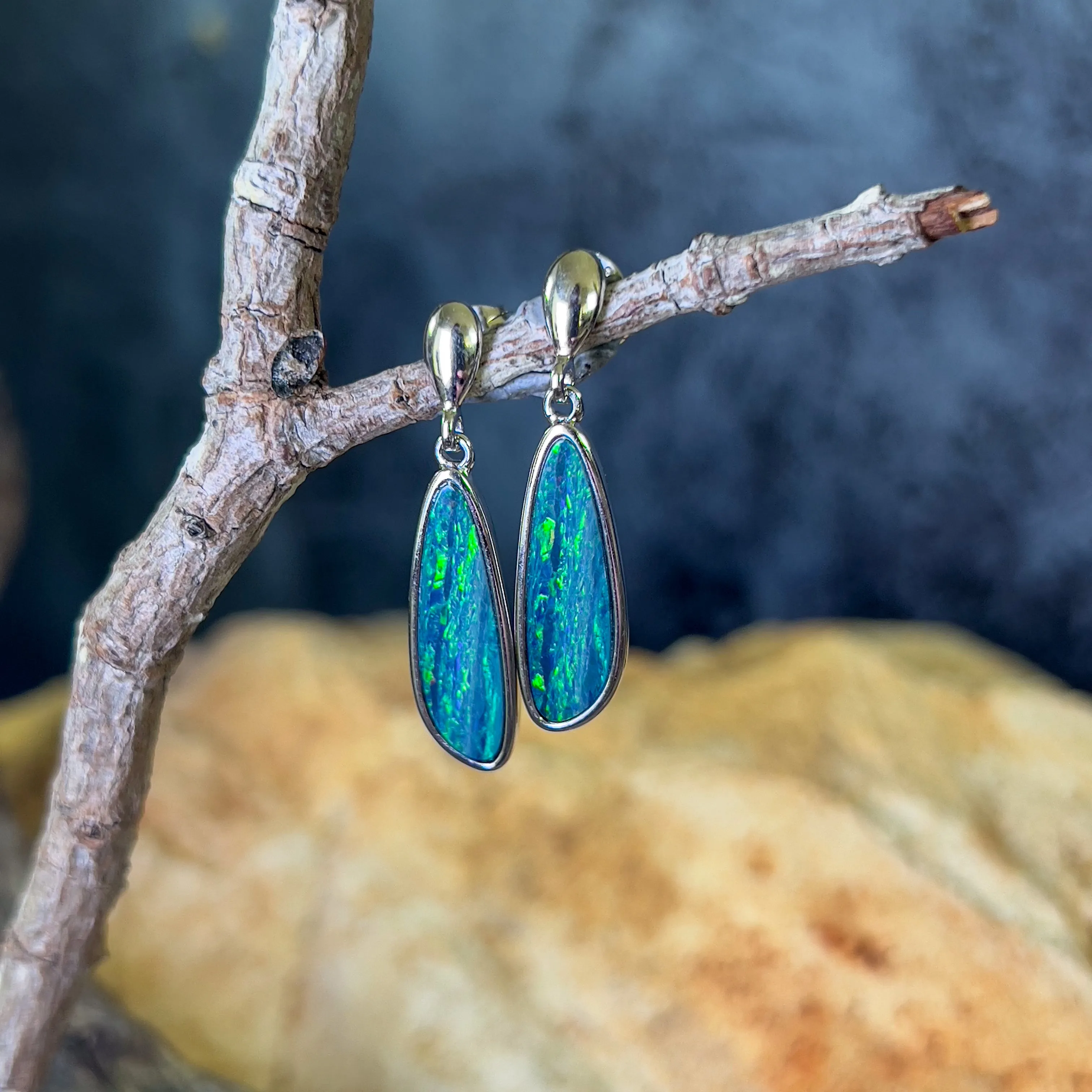 Sterling Silver Green Opal doublet long drop earrings