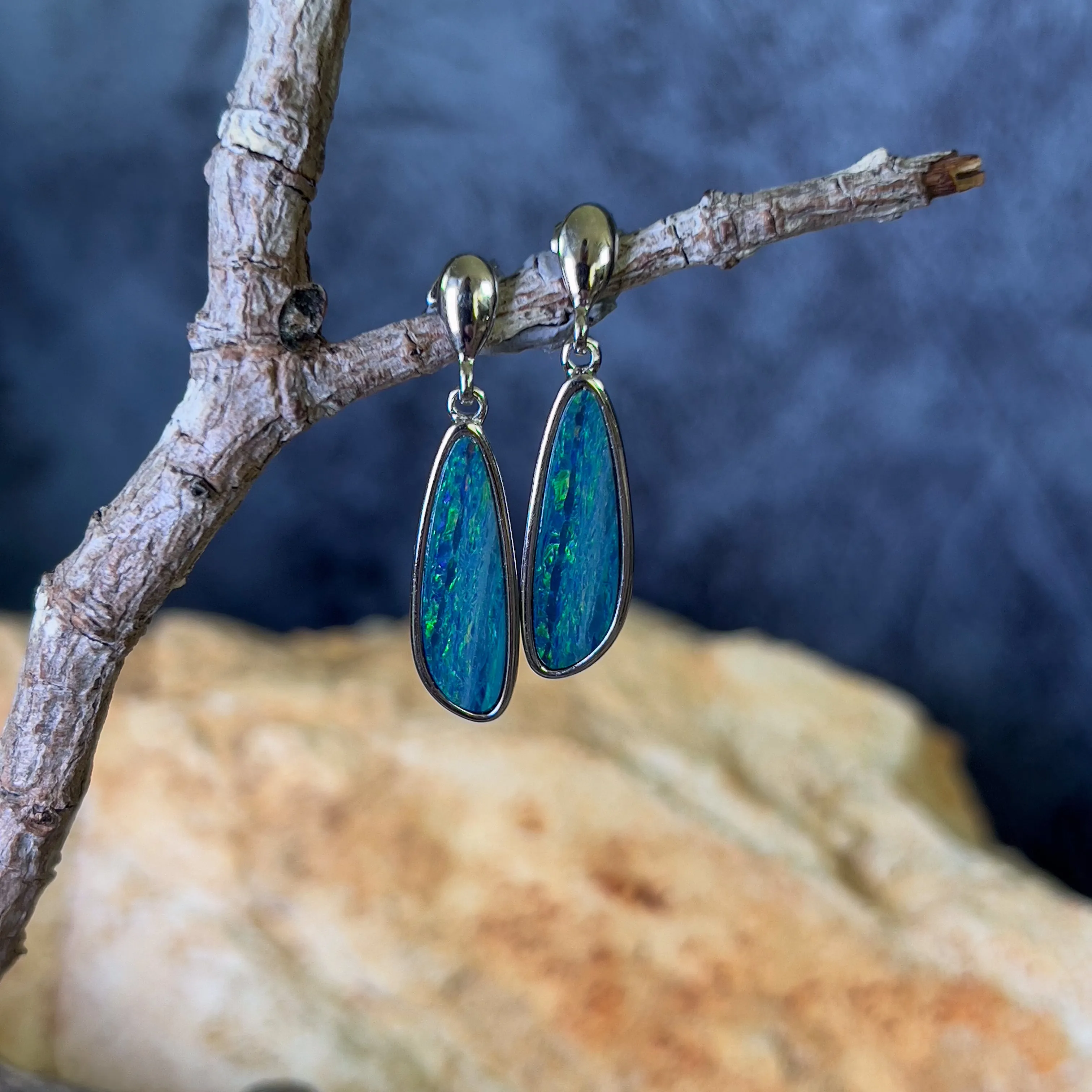 Sterling Silver Green Opal doublet long drop earrings