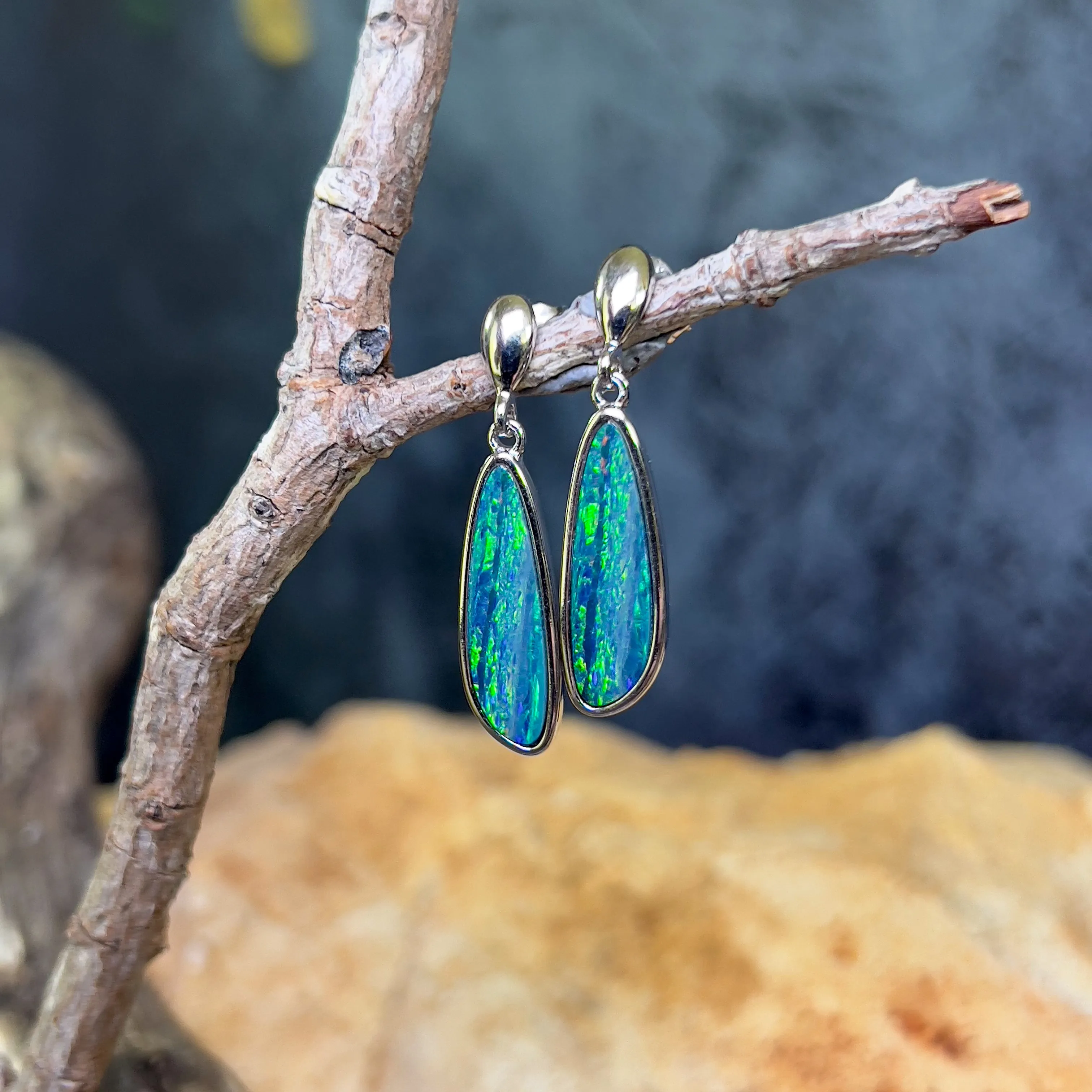 Sterling Silver Green Opal doublet long drop earrings