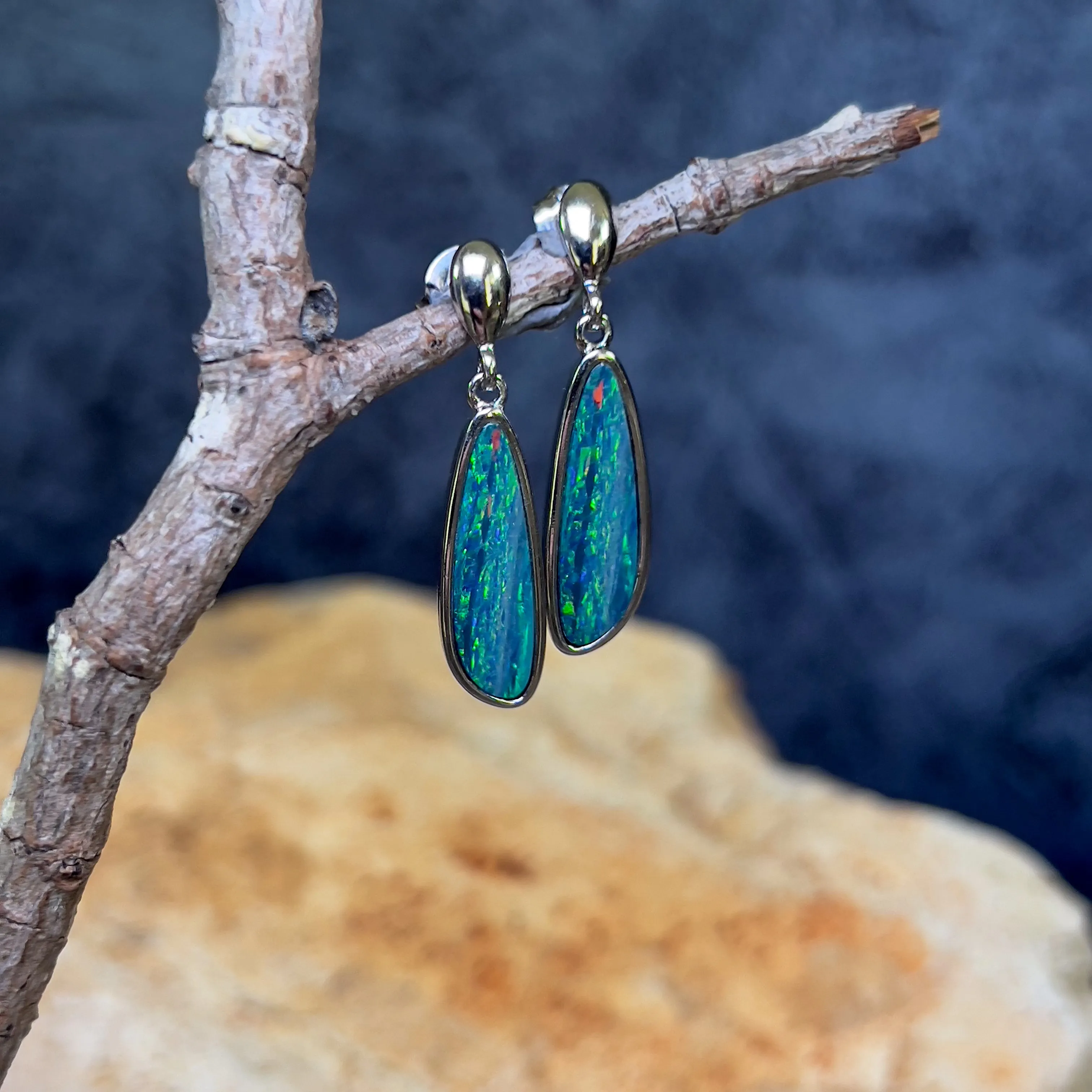 Sterling Silver Green Opal doublet long drop earrings