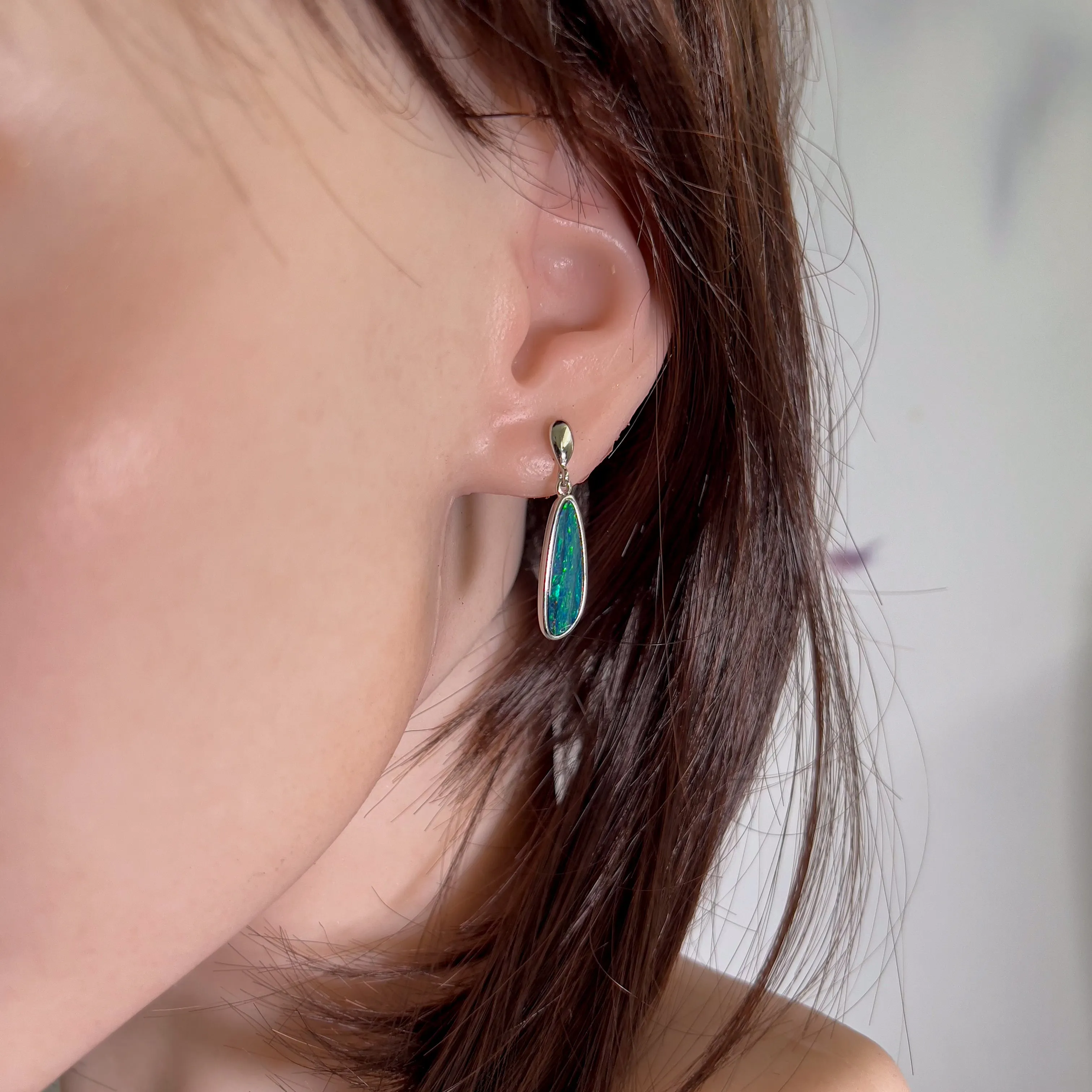 Sterling Silver Green Opal doublet long drop earrings