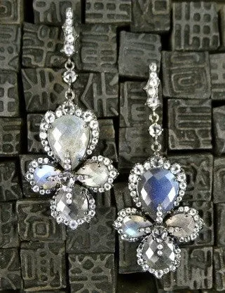 Sutra Labradorite and White Topaz Drop Earrings In Oxidized Sterling Silver