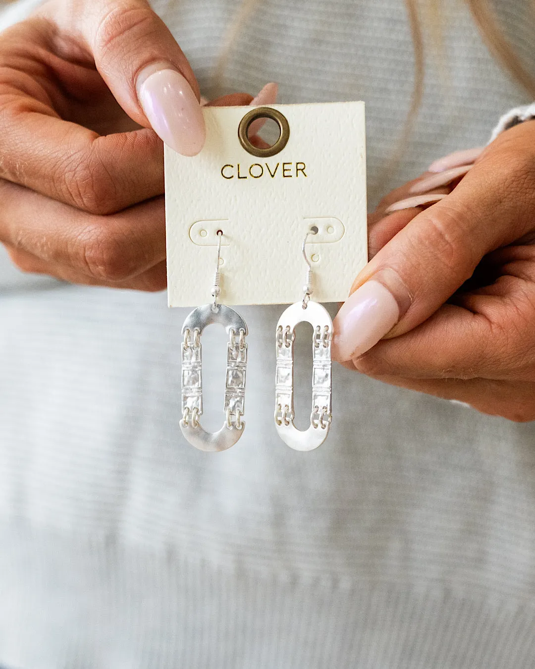 Textured Metal Geometric Dangle Earrings - Silver