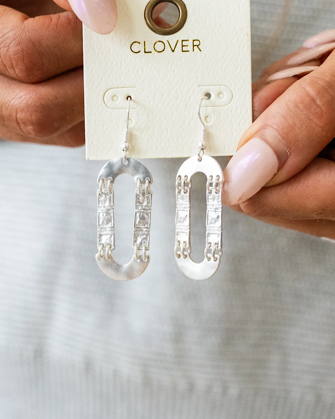 Textured Metal Geometric Dangle Earrings - Silver