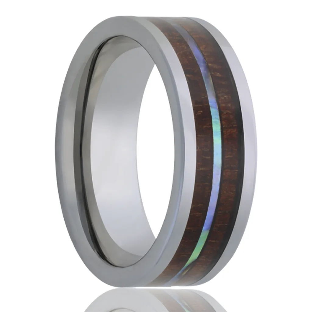 Tungsten 8mm Pipe Cut Men's Wedding Band with Koa Wood & Abalone Inlays