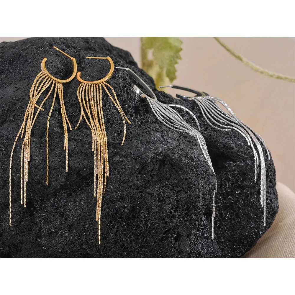 VAIGE Geometric Long Tassel Drop Dangle Earrings – PVD Gold Plated Stainless Steel Fashion Jewelry with Waterproof Finish