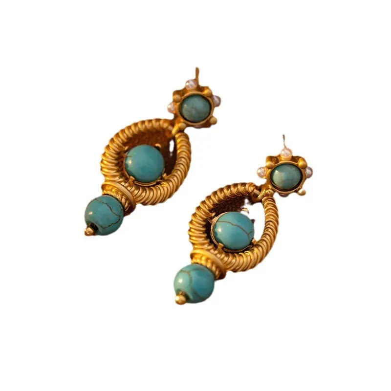 VAIGE Vintage Green Stone Dangle Earrings in 925 Silver and Gold Metal