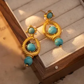VAIGE Vintage Green Stone Dangle Earrings in 925 Silver and Gold Metal