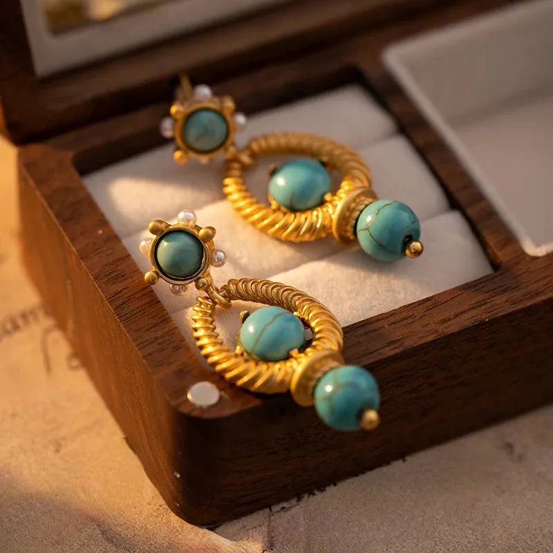 VAIGE Vintage Green Stone Dangle Earrings in 925 Silver and Gold Metal