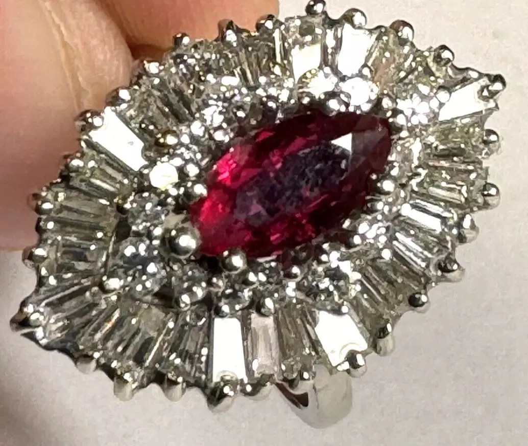 Vintage Estate 14k White Gold Baguette Diamond Ballarina Cocktail Ring With Ruby