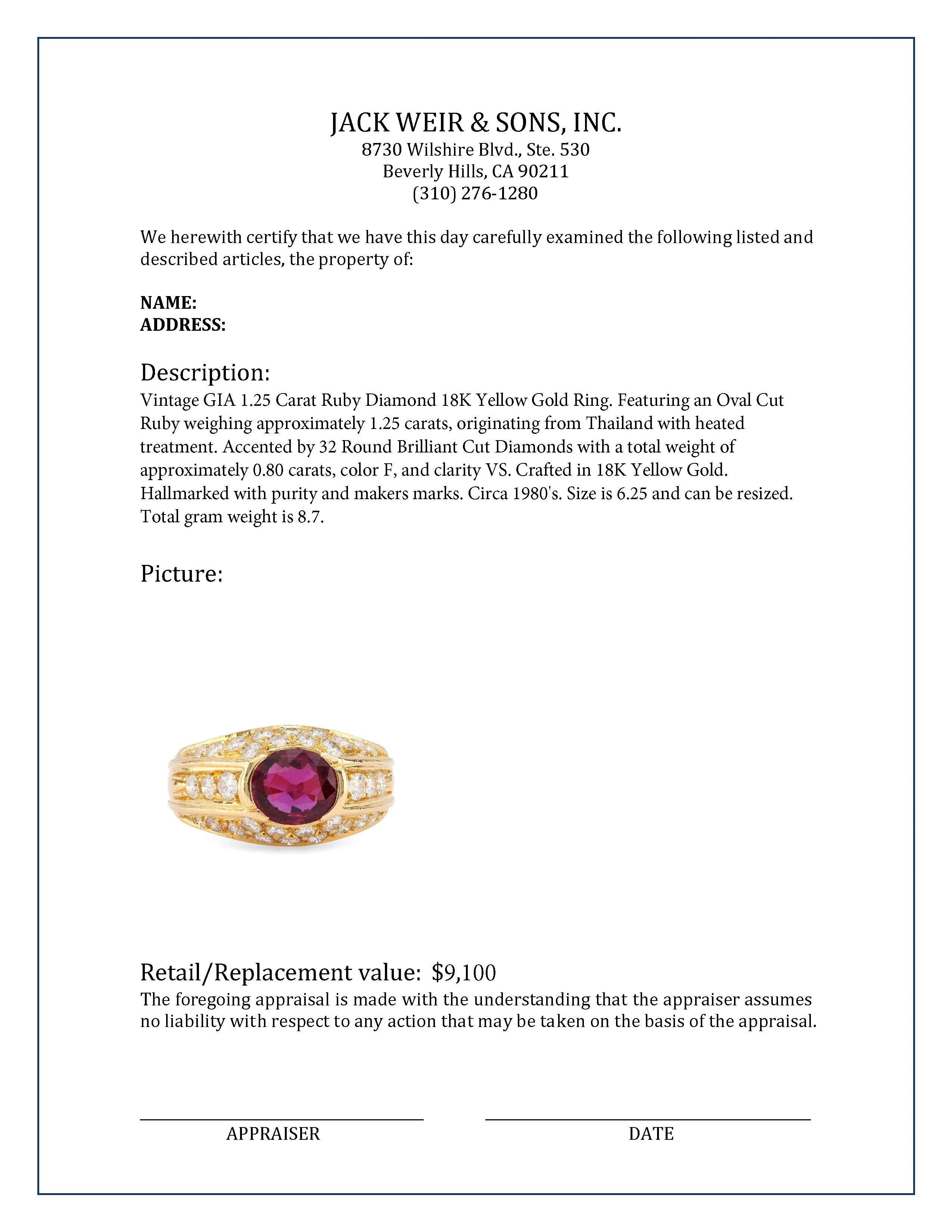 Vintage GIA 1.25 Carat Ruby Diamond 18K Yellow Gold Ring
