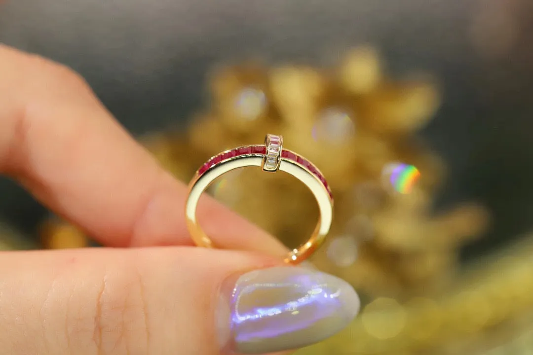 Vintage Ruby T Band, 18K Solid Gold Ruby and Diamond Band