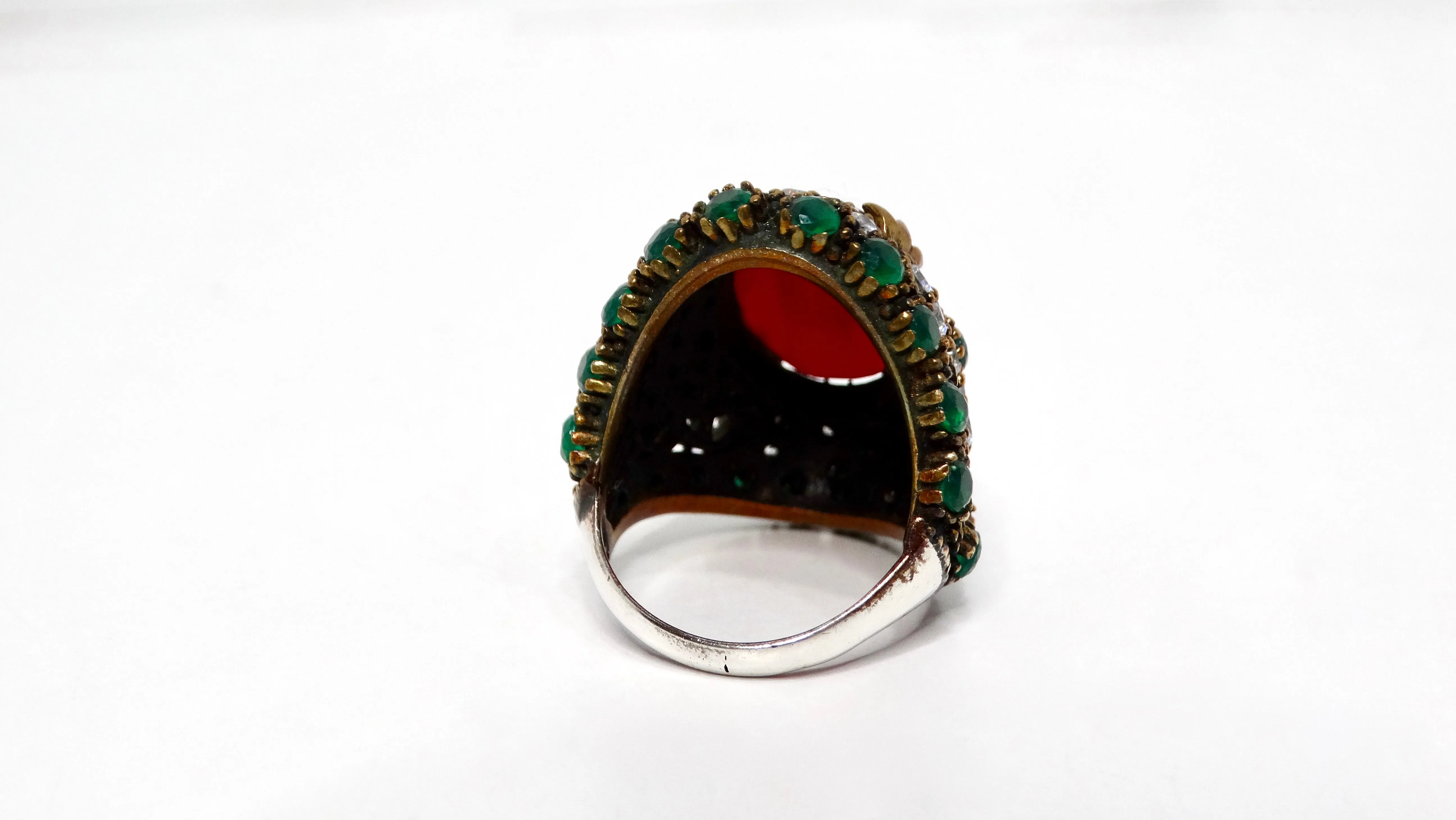 Vintage Sterling Silver Costume Ruby and Emerald Statement Cocktail Ring
