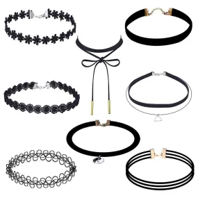 Women 8 Pieces Choker Necklace Set Stretch Velvet Classic Gothic Tattoo Lace Choker